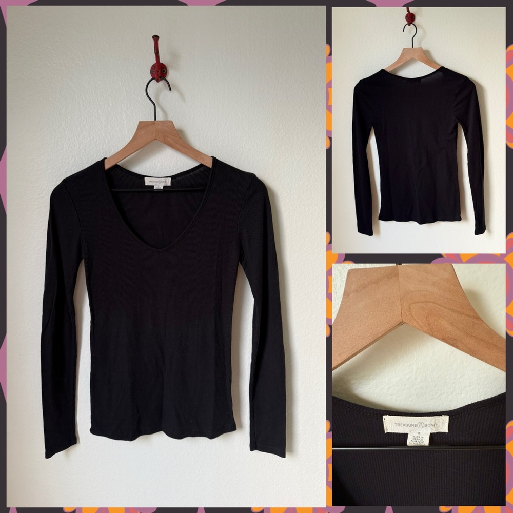 Treasure & Bond Black Ribbed Long Sleeve Tee, Size Small